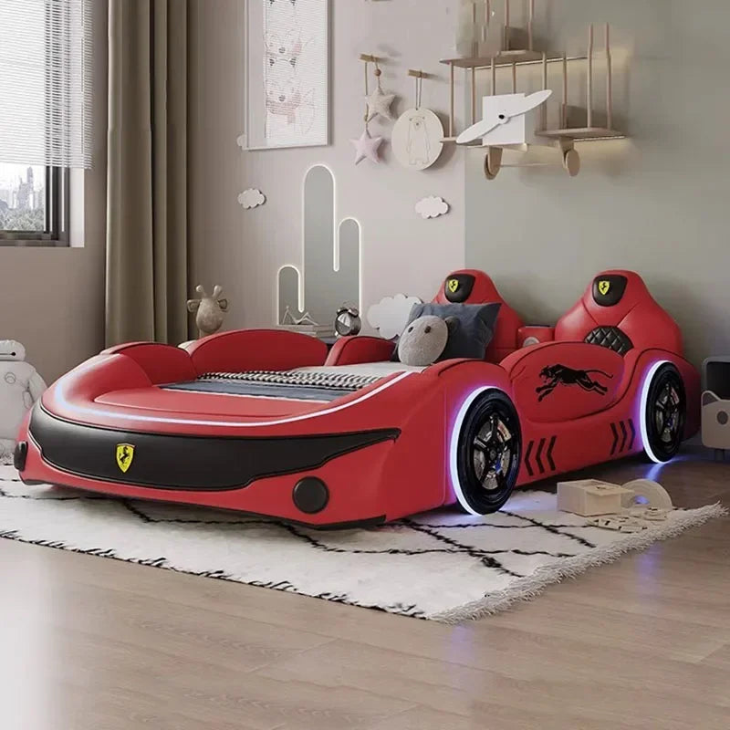LED Leather Kids Car Bed With Mattress