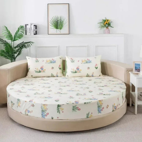 Round Cotton Fitted Bedsheet With Pillowcases / Ruchi