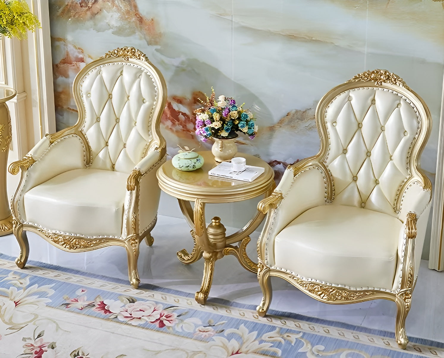 European Leather Sofa Chair And Side Table Set / Ruchi