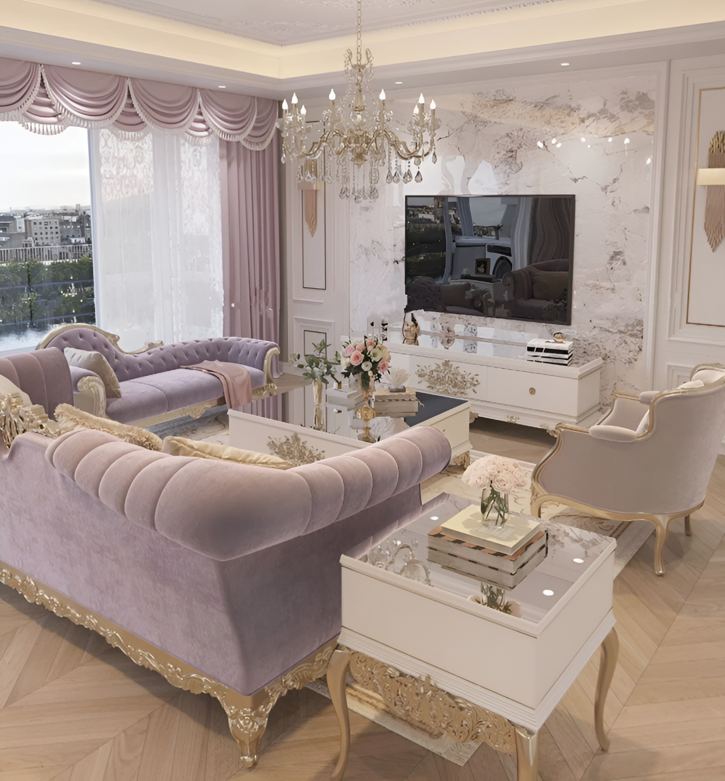 European Button-tufted Fabric Sofa Set / Ruhi 