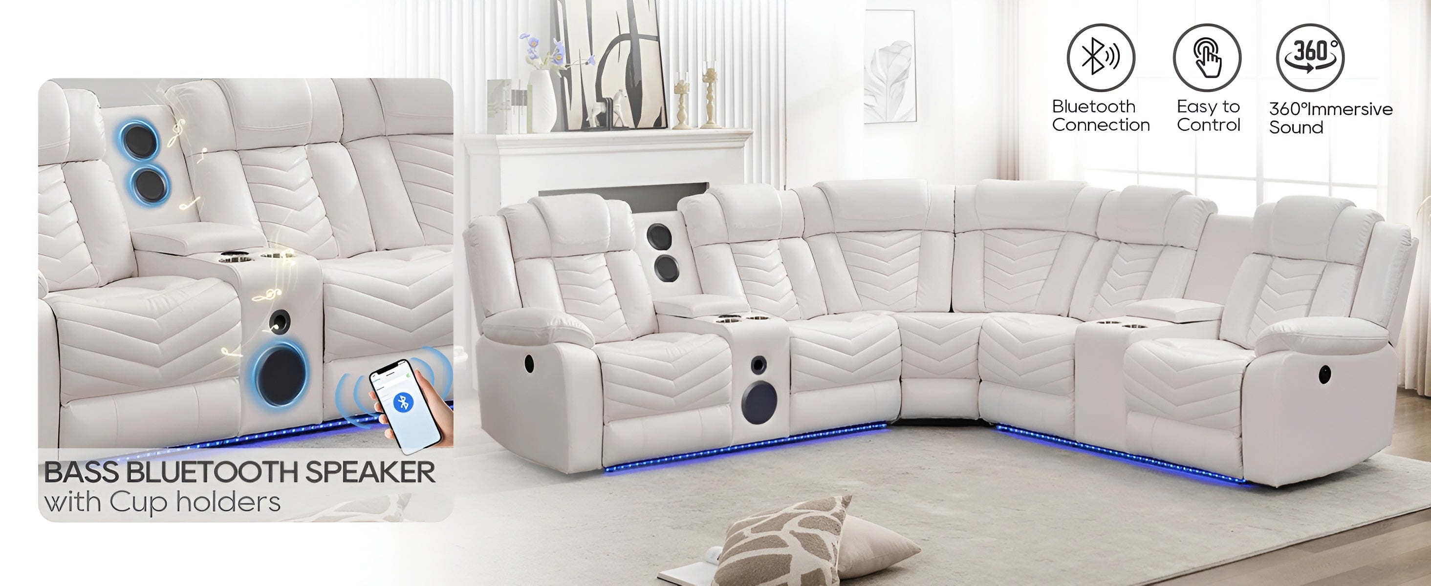 Multifunctional Electric Recliner LED Sectional Leather Sofa / Ruchi
