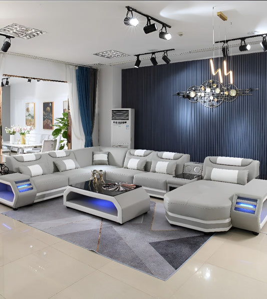 U-Shaped LED Leather Sectional Sofa With Chaise / Ruchi