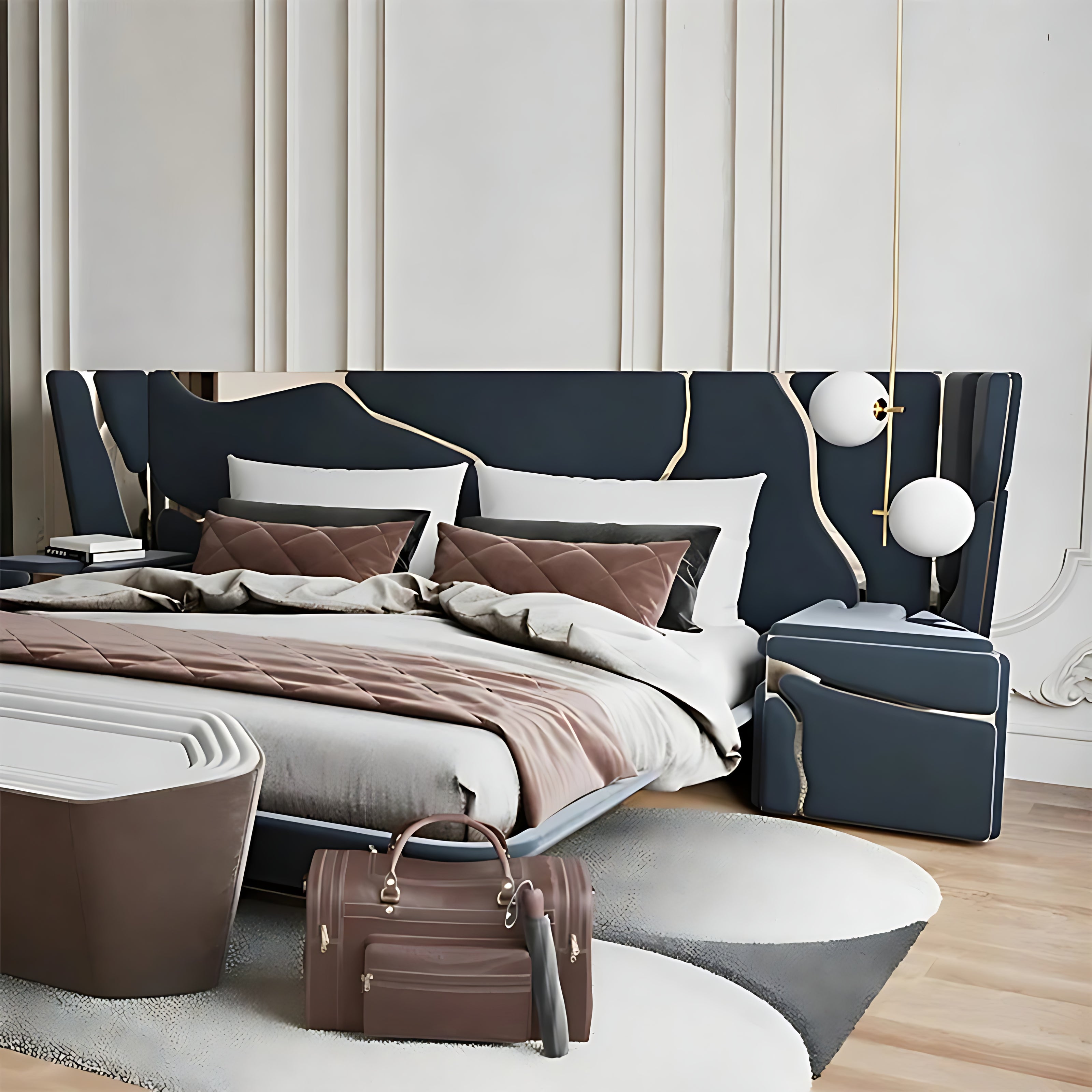 Golden Metallic Veins Design Velvet Bed
