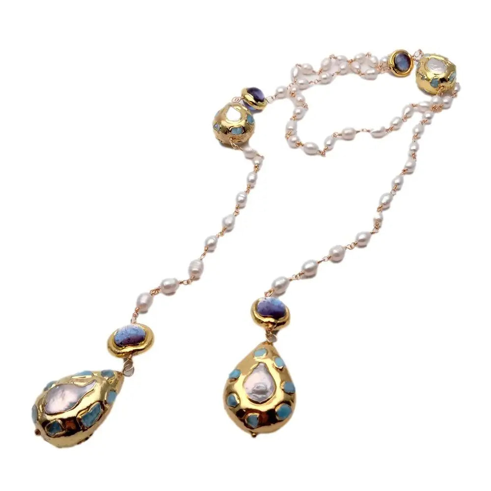 Larimar Beaded White Pearl Chain Necklace / Ruchi