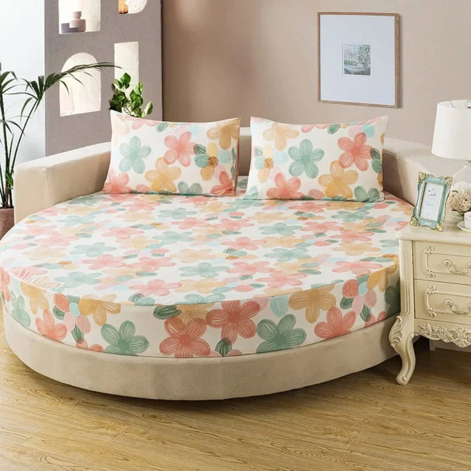 Round Cotton Fitted Bedsheet With Pillowcases