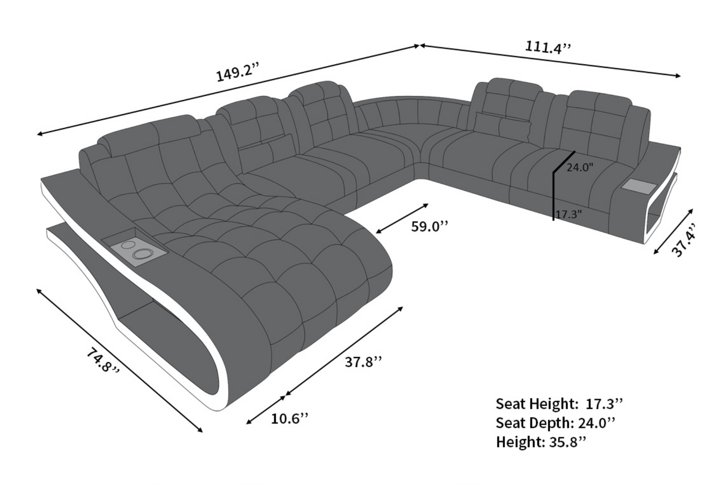 Modern Leather Sectional Sofa With LED Lights