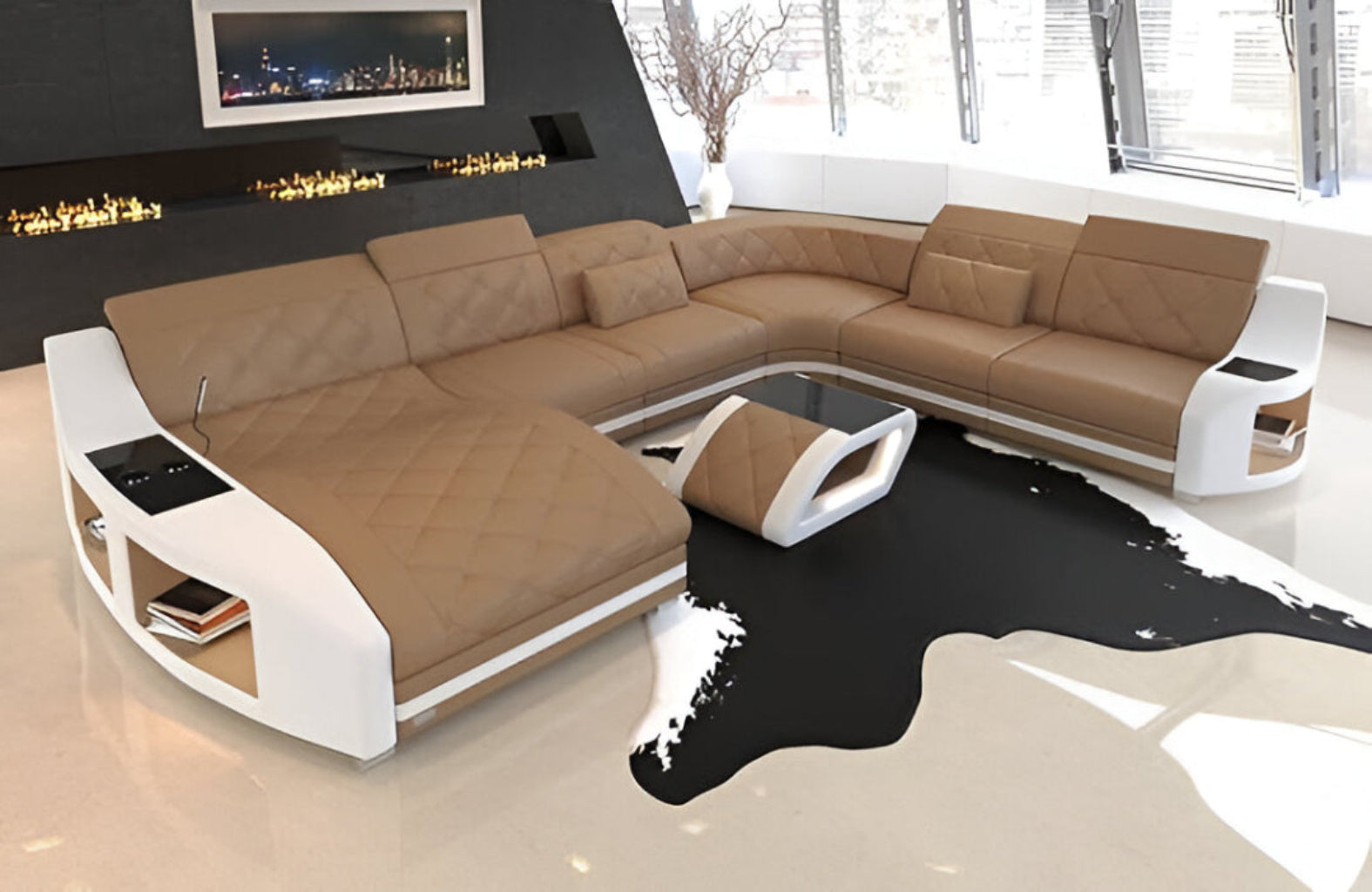 Diamond Design LED Embedded Leather Sectional-Sofa / Ruchi