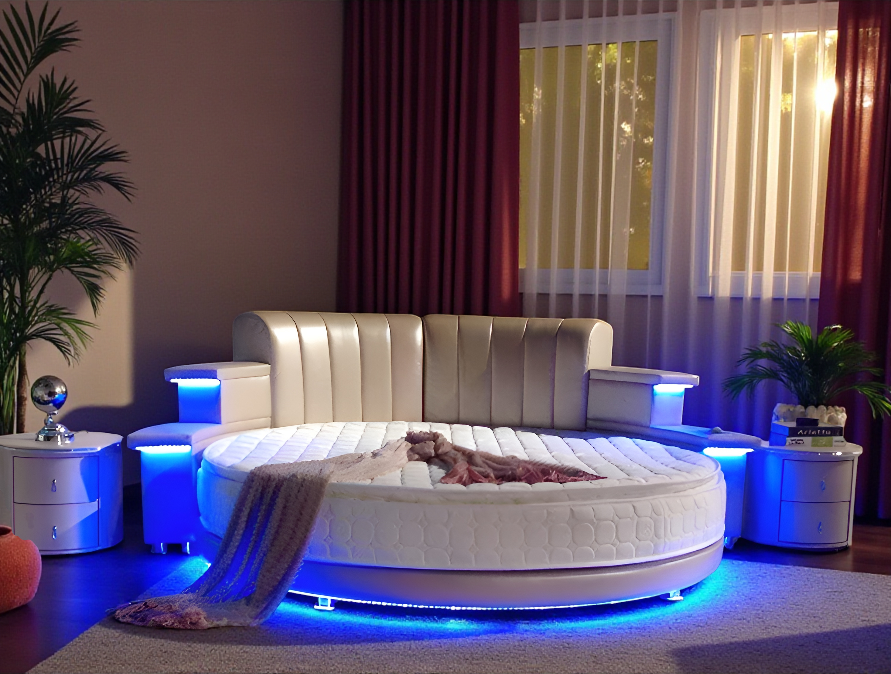 Multifunctional Leather Round Bed With LED Lights