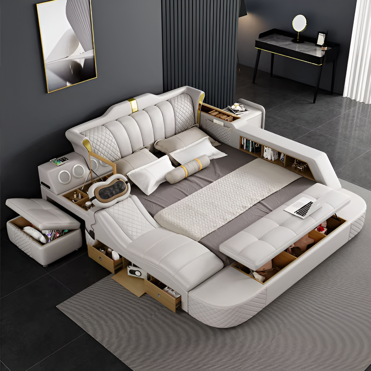 Multifunctional Smart Leather Bed With Massager