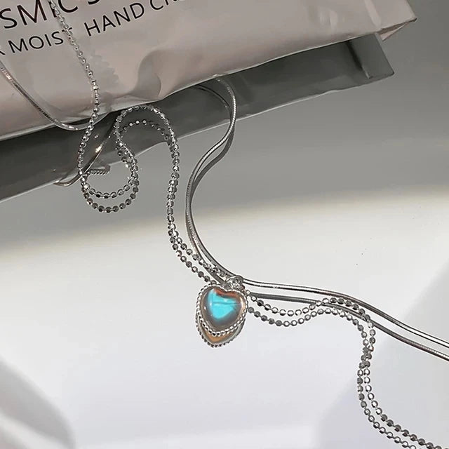 Dual Layered Transparent Love Shape Moonstone Pendant Silver Metal Necklace / Ruchi