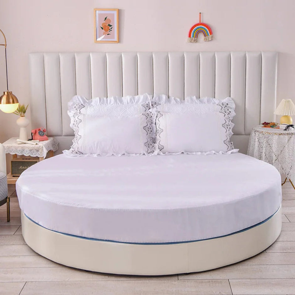 Plain Round Cotton Fitted Sheet With Pillowcases / Ruchi