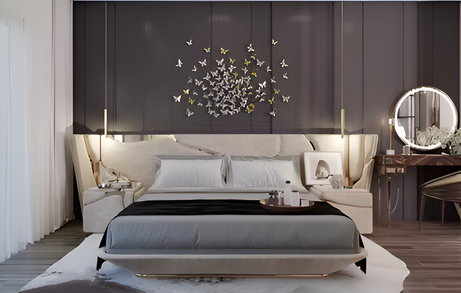 Golden Metallic Veins Design Velvet Bed