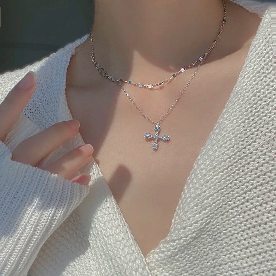 Double Chain Cross Pendant Necklace / Ruchi