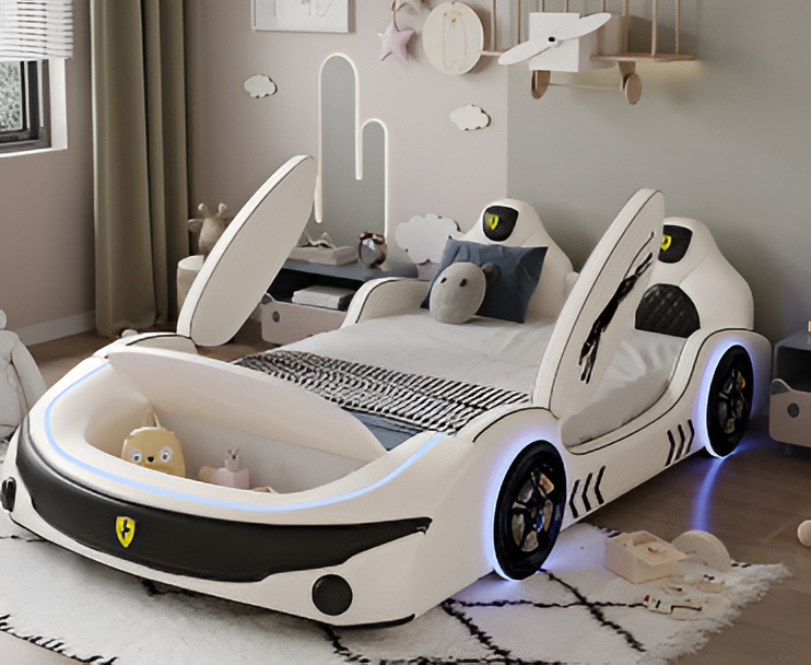 LED Leather Kids Car Bed With Mattress