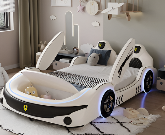 LED Leather Kids Car Bed With Mattress