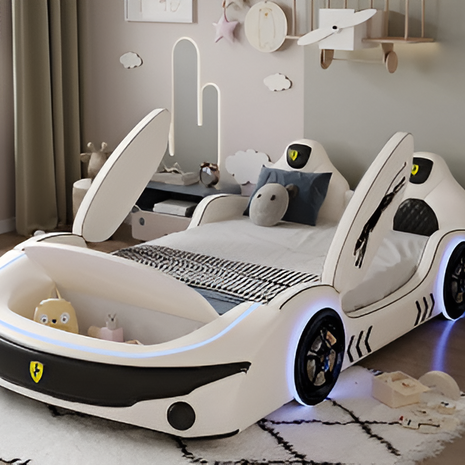 LED Leather Kids Car Bed With Mattress