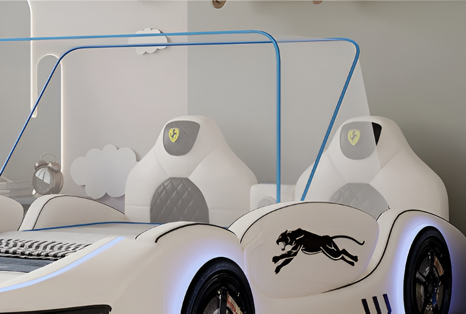 LED Leather Kids Car Bed With Mattress