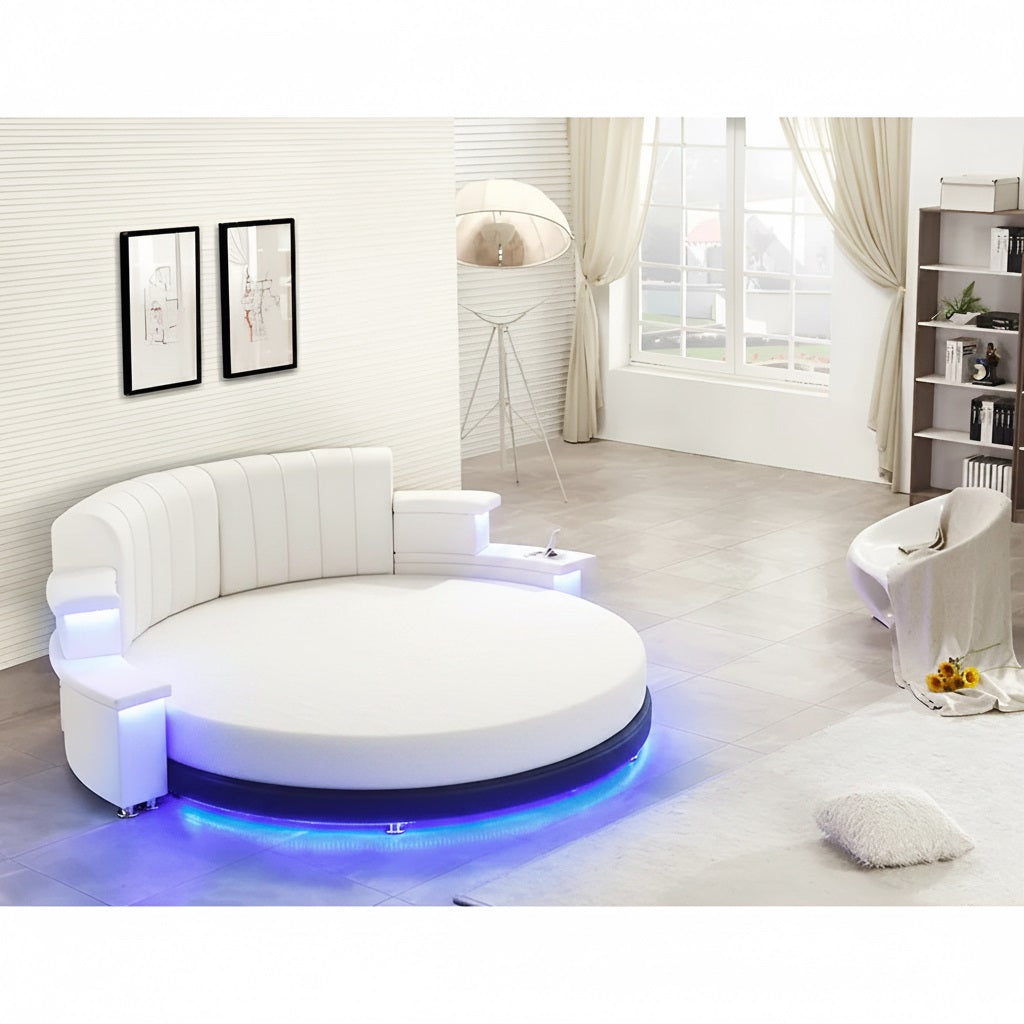 Multifunctional Leather Round Bed With LED Lights / Ruchi