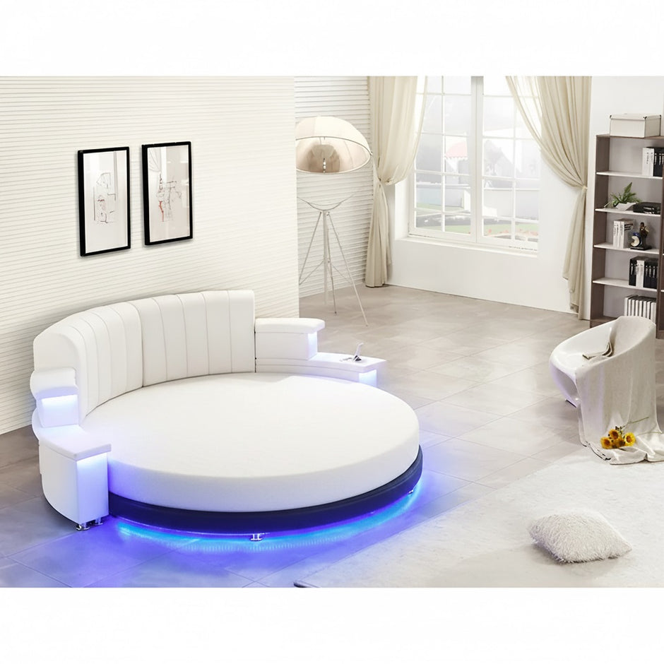 Multifunctional Leather Round Bed With LED Lights / Ruchi