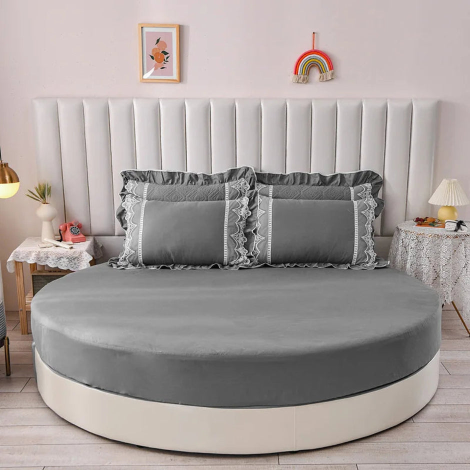 Plain Round Cotton Fitted Sheet With Pillowcases / Ruchi