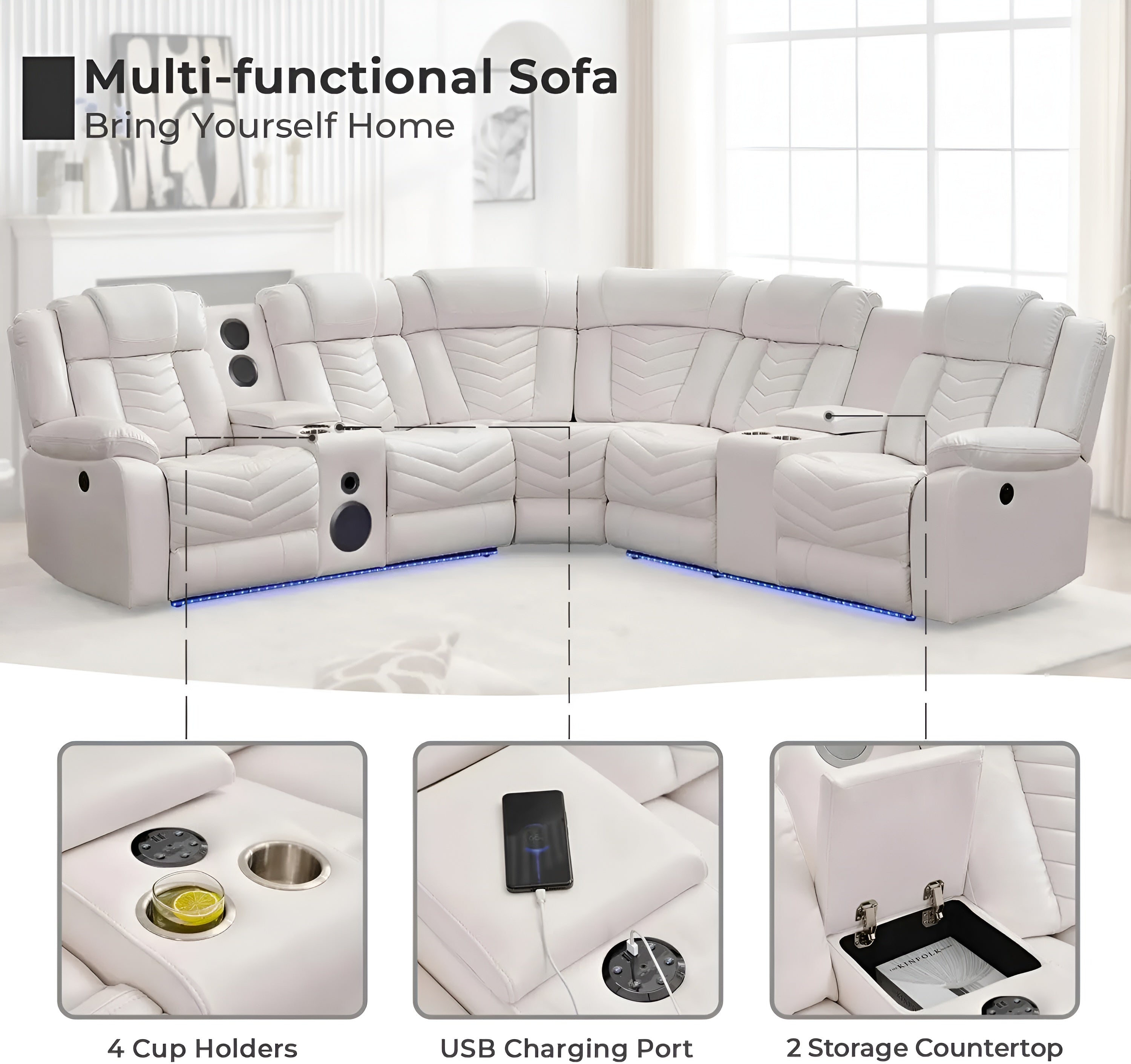 Multifunctional Electric Recliner LED Sectional Leather Sofa / Ruchi