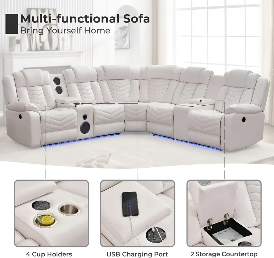Multifunctional Electric Recliner LED Sectional Leather Sofa / Ruchi