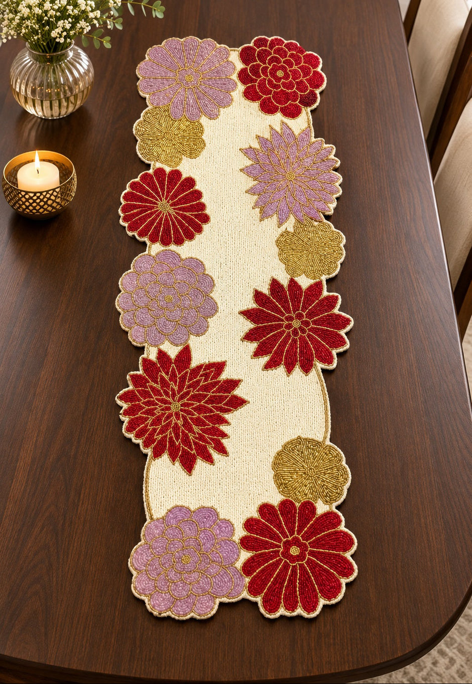 Affluent Floral Beaded Table Runner / Ruchi