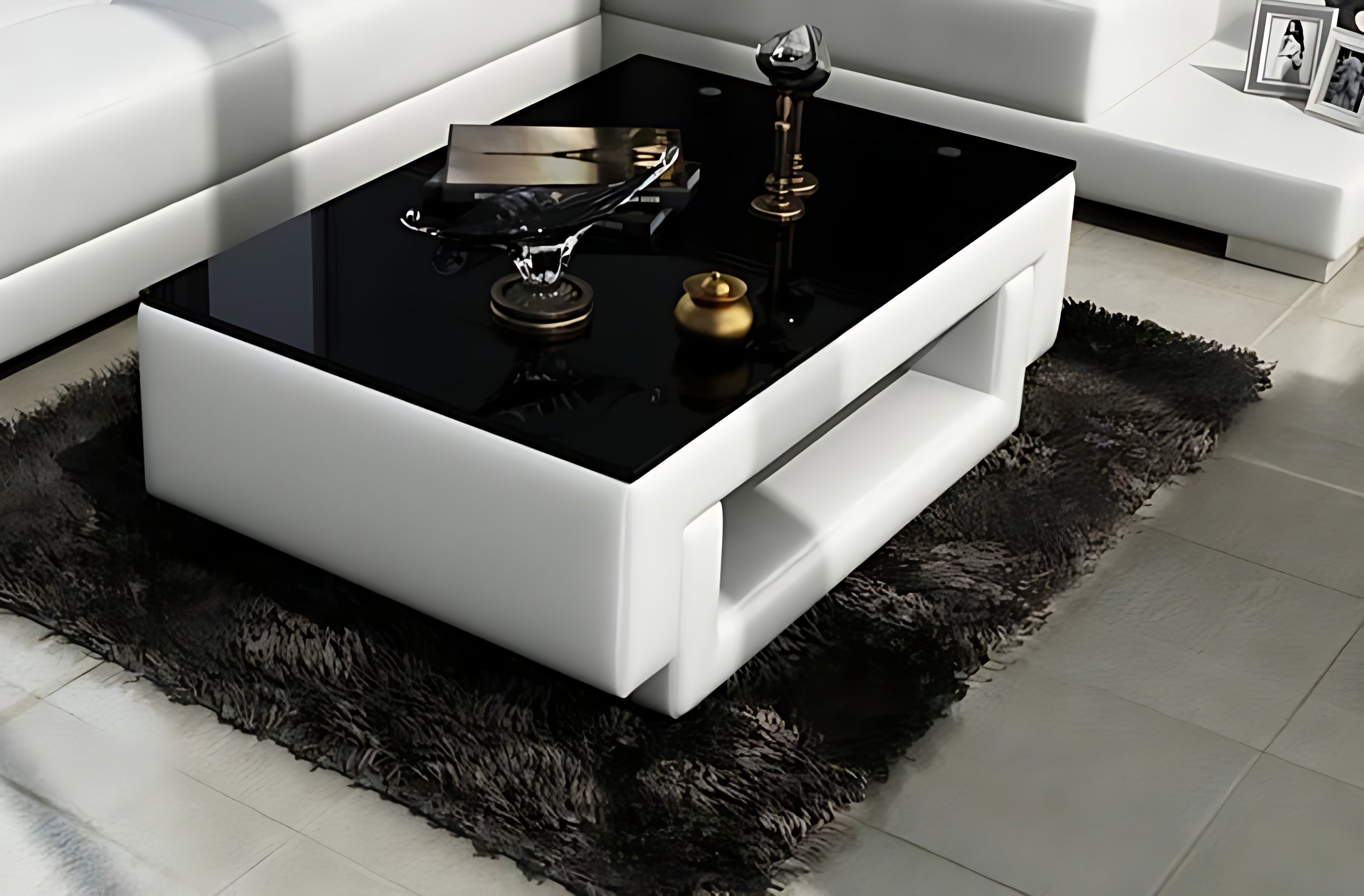 Black Glass Top Leather Coffee Table / Ruchi