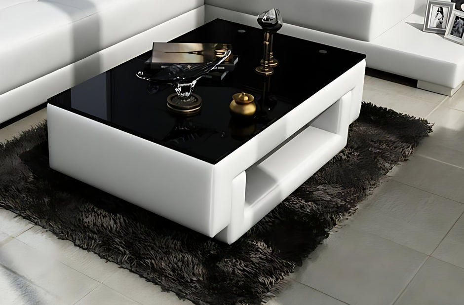 Black Glass Top Leather Coffee Table / Ruchi