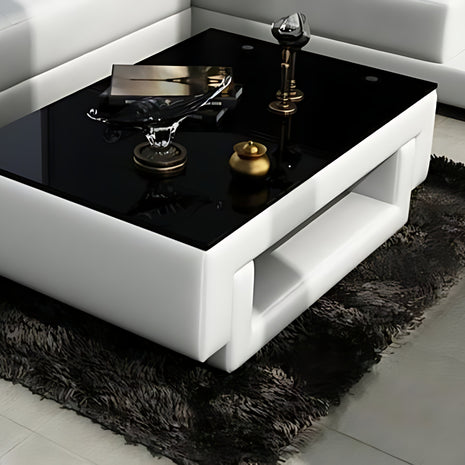 Black Glass Top Leather Coffee Table / Ruchi
