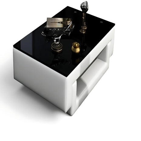 Black Glass Top Leather Coffee Table / Ruchi