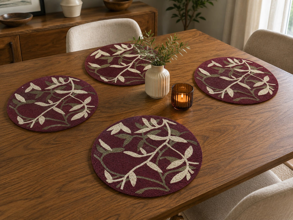 Botanical Floral Beaded Round Placemat Set of 2 / Ruchi