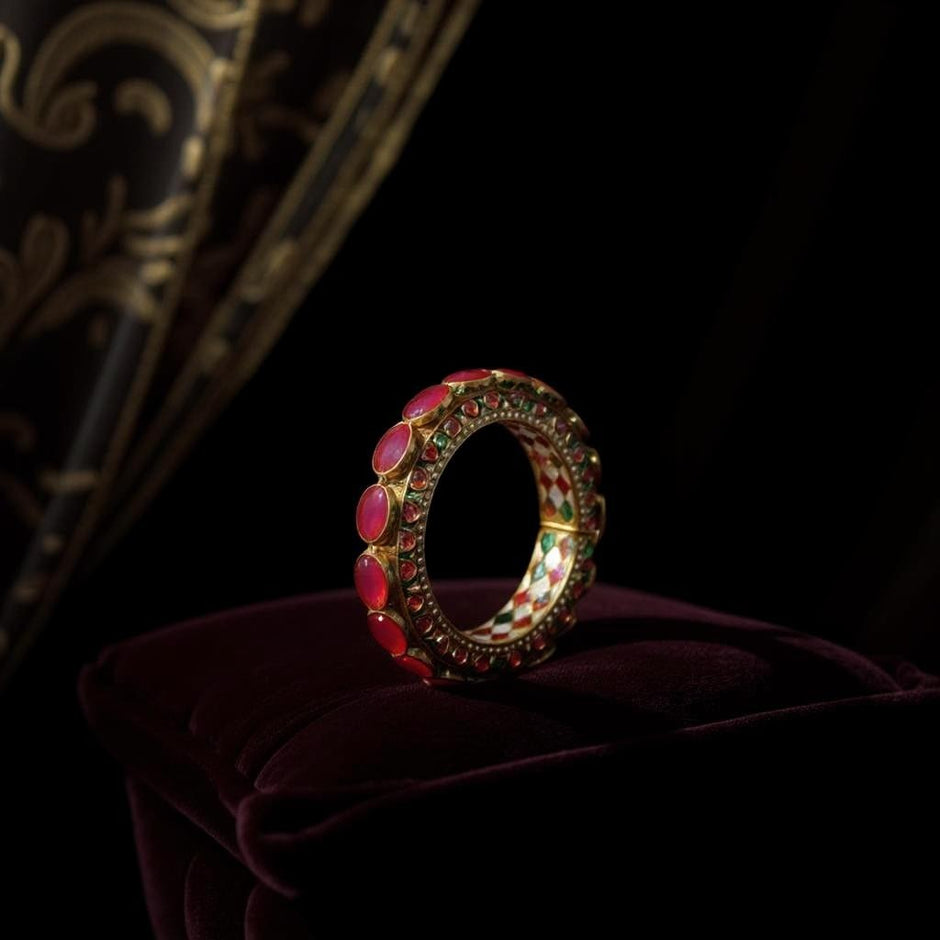 Set Of 2 Ruby Stone With Green Stone Diamond Accent Bangles / Ruchi