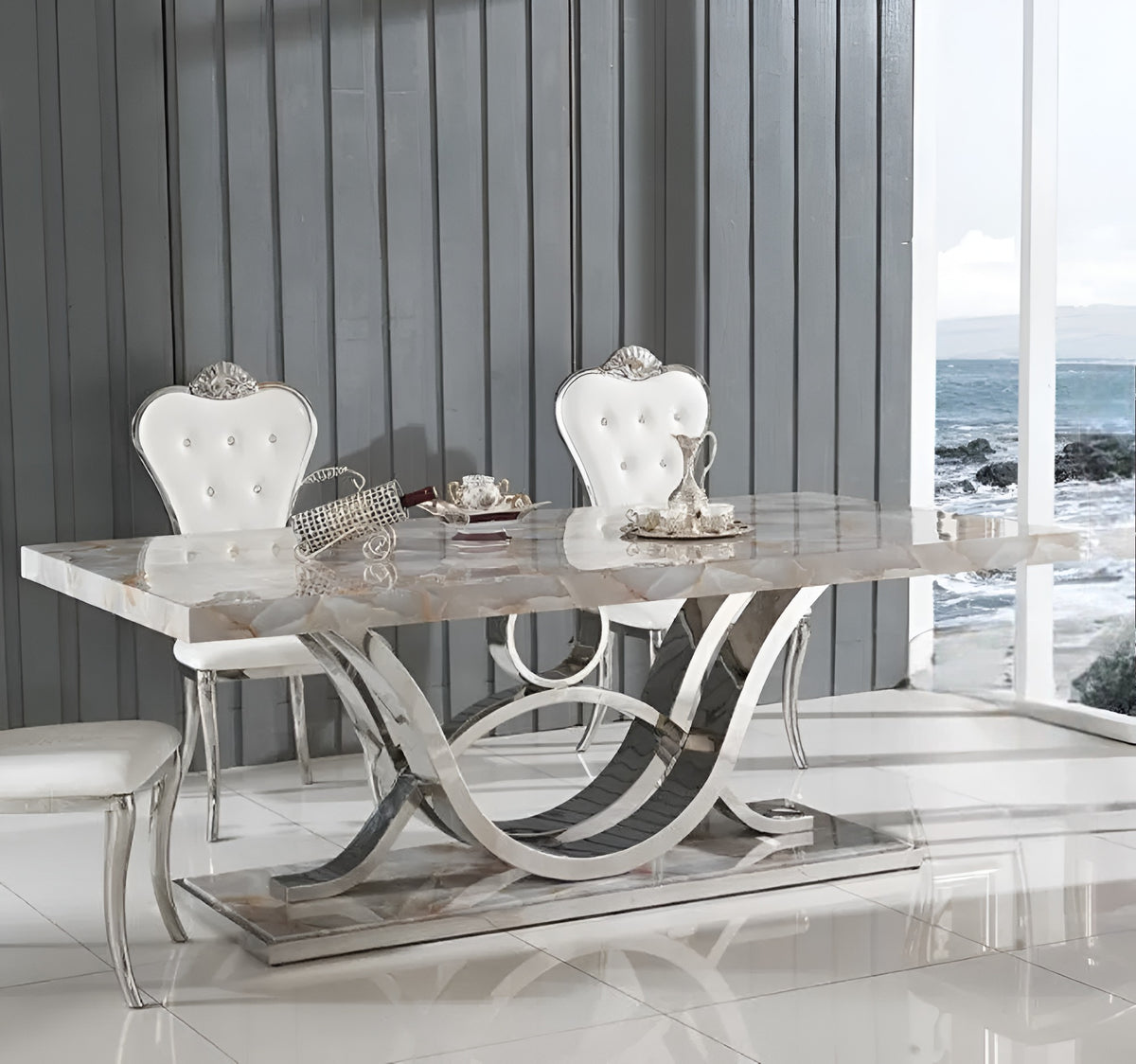 Captivating Base Marble Top Dining Table With 6 Chairs / Ruchi