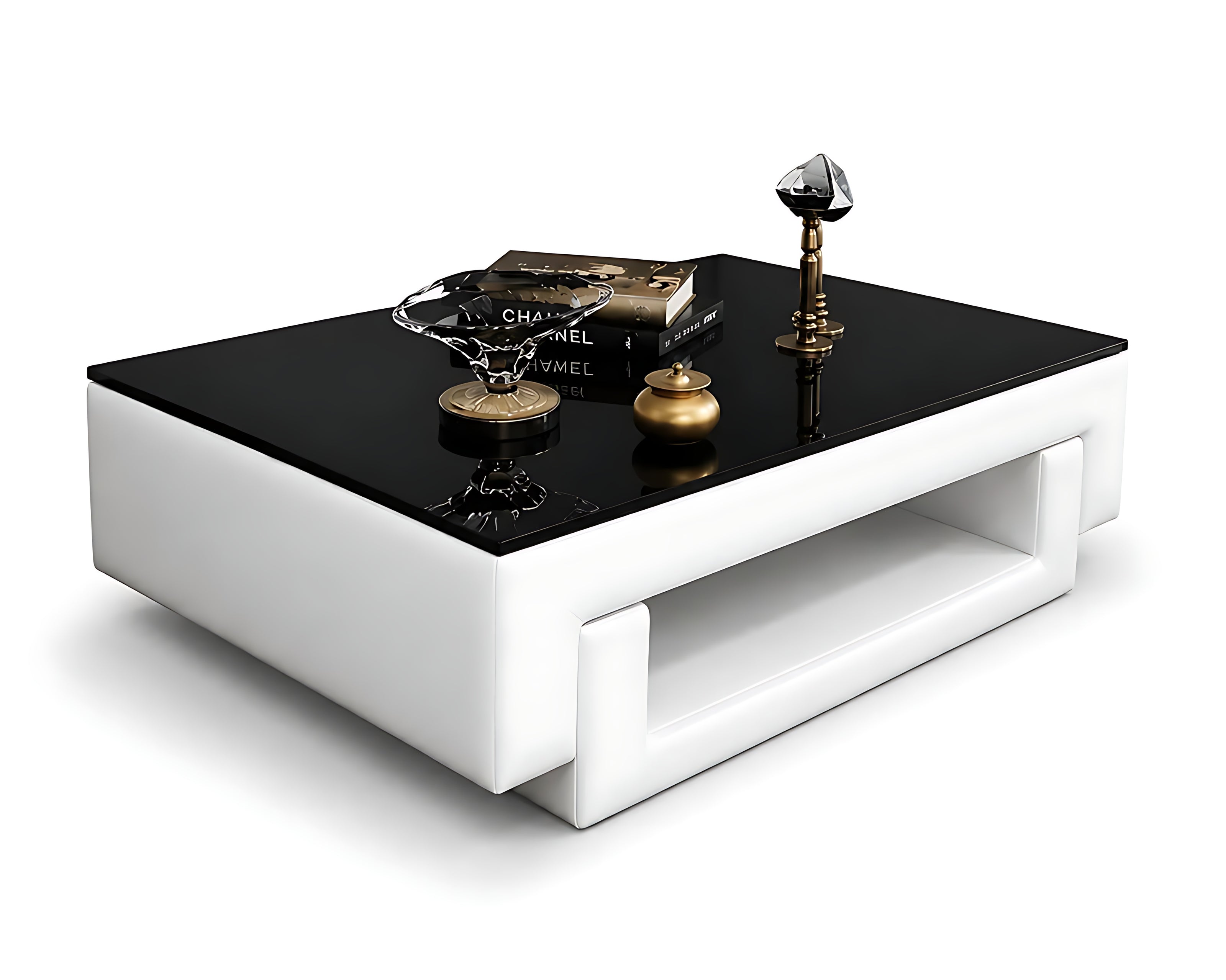 Black Glass Top Leather Coffee Table / Ruchi