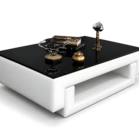 Black Glass Top Leather Coffee Table / Ruchi