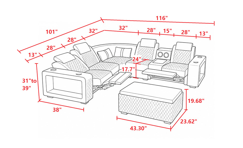 Genuine Leather Electric Recliner Sofa And Coffee Table With LED