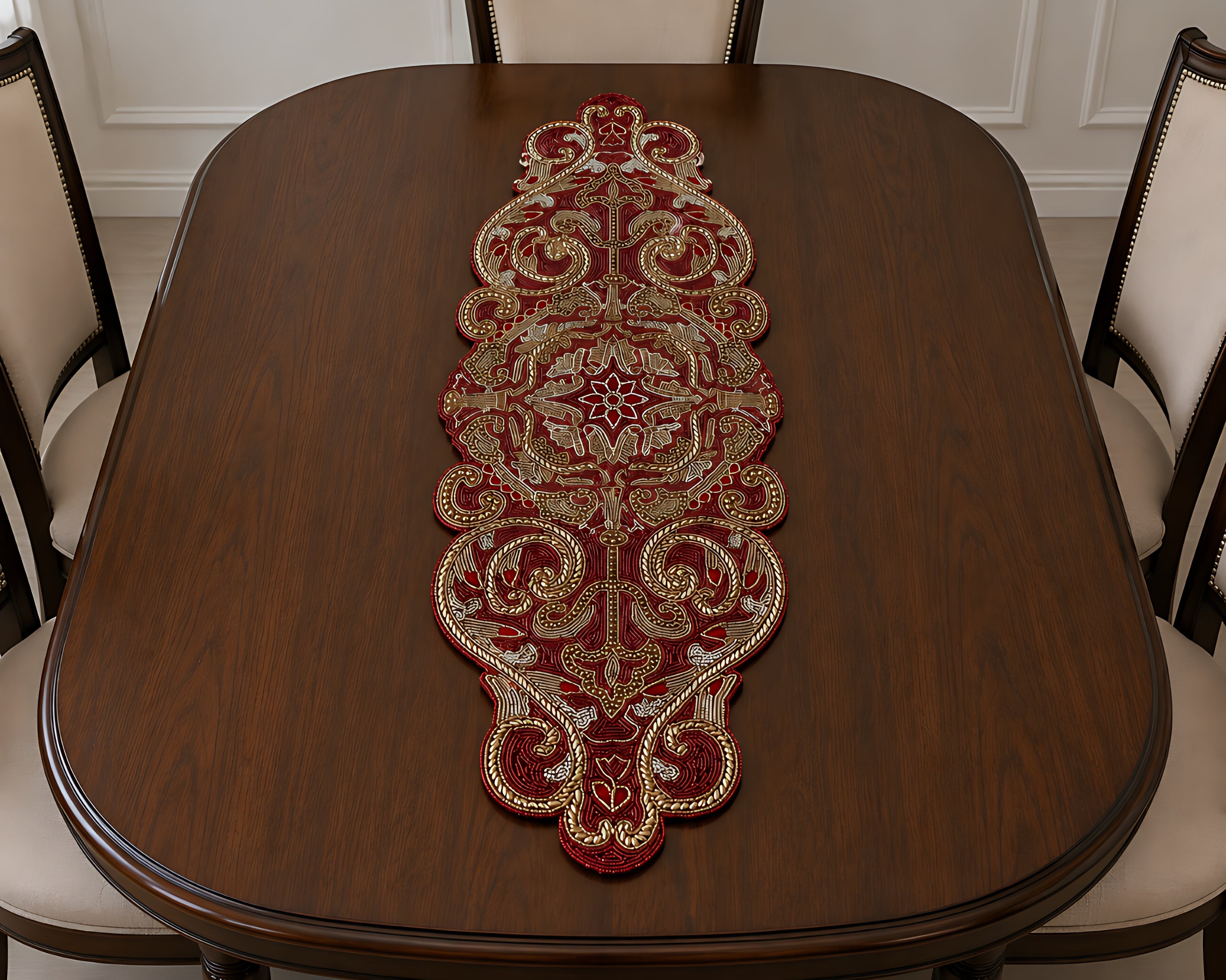 Royal Crimson & Gold Beaded Table Runner / Ruchi