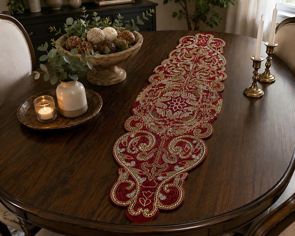 Royal Crimson & Gold Beaded Table Runner / Ruchi
