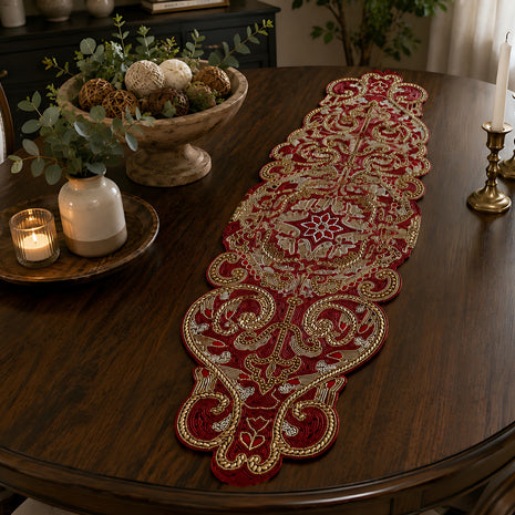 Royal Crimson & Gold Beaded Table Runner / Ruchi
