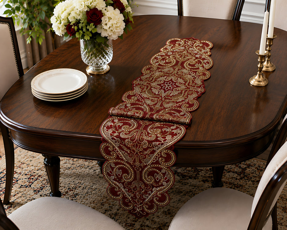 Royal Crimson & Gold Beaded Table Runner / Ruchi