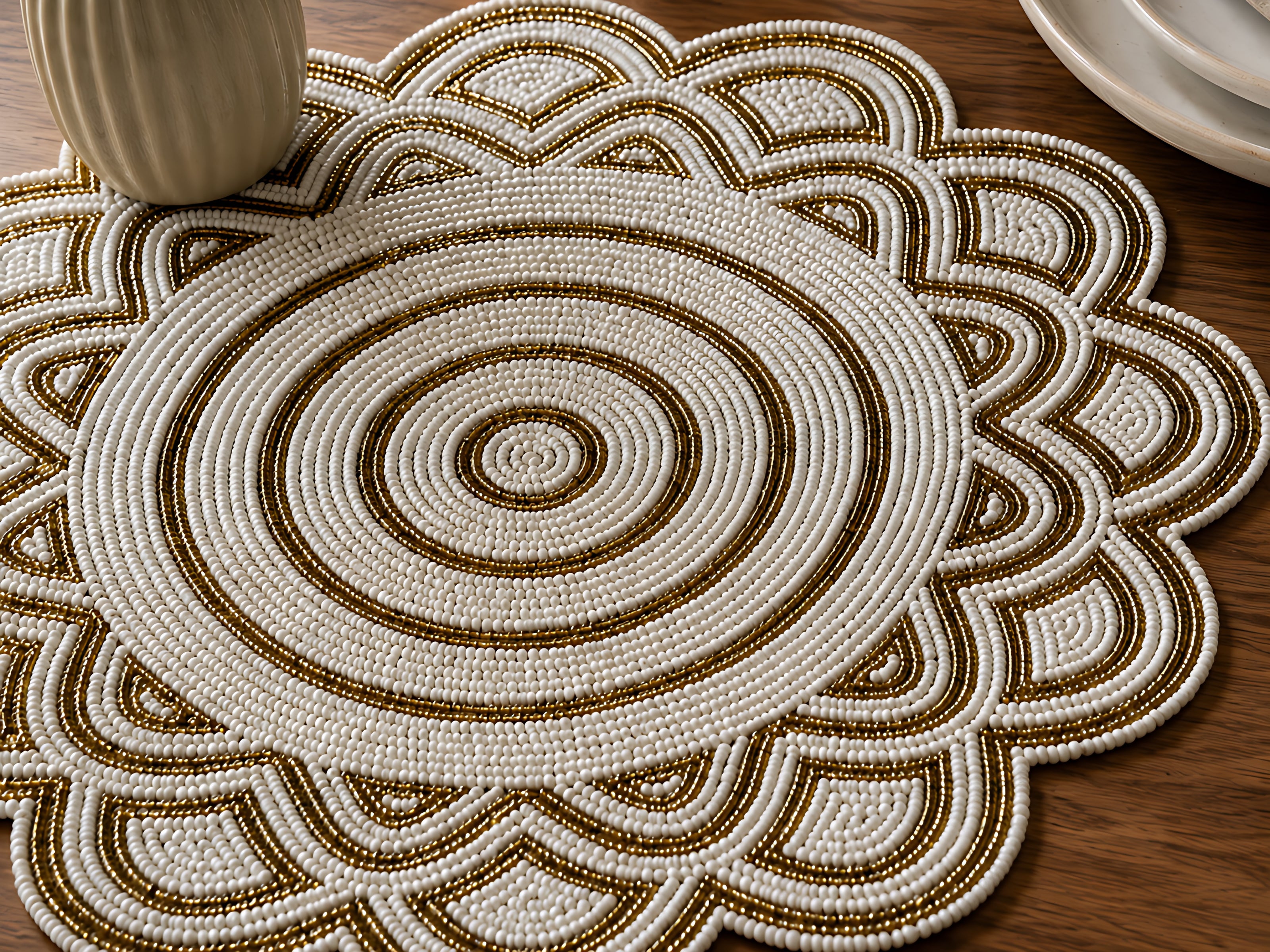 White & Gold Beaded Mandala Placemat Set of 2 / Ruchi