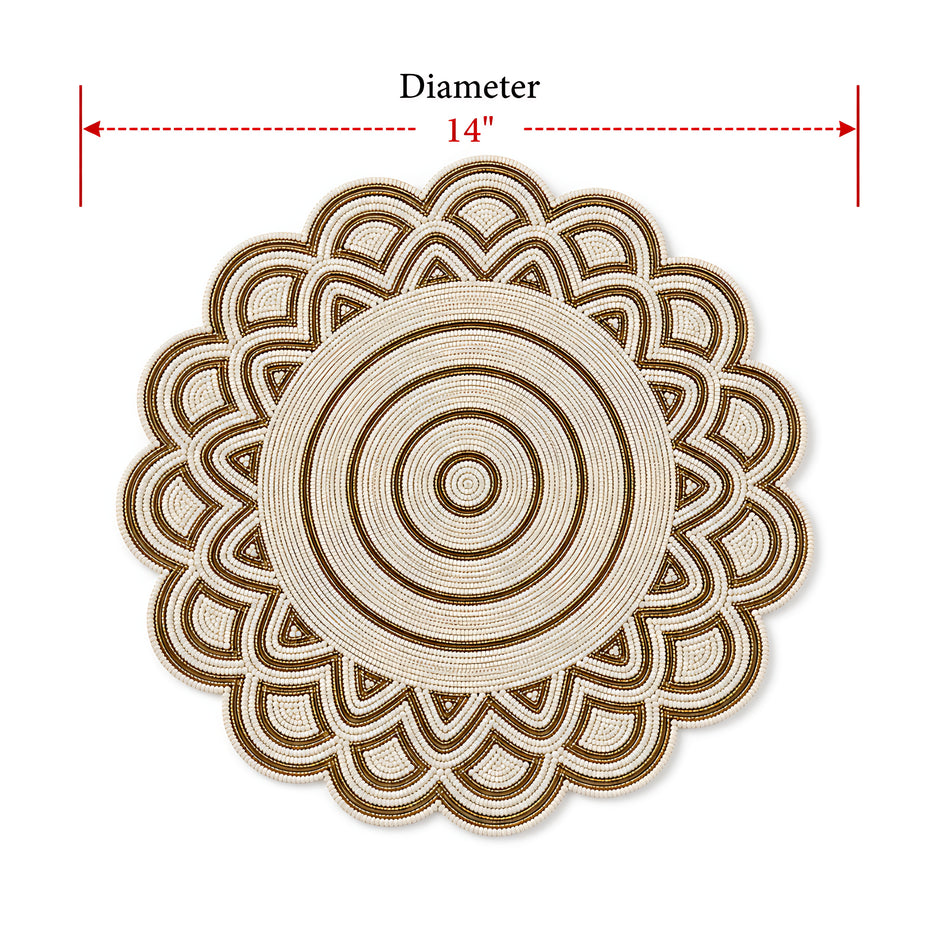 White & Gold Beaded Mandala Placemat Set of 2 / Ruchi