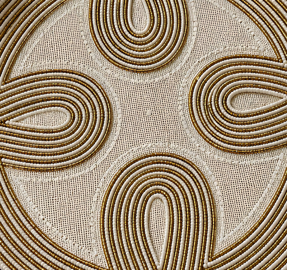 Elegant Ivory & Gold Beaded Round Placemat Set of 2 / Ruchi
