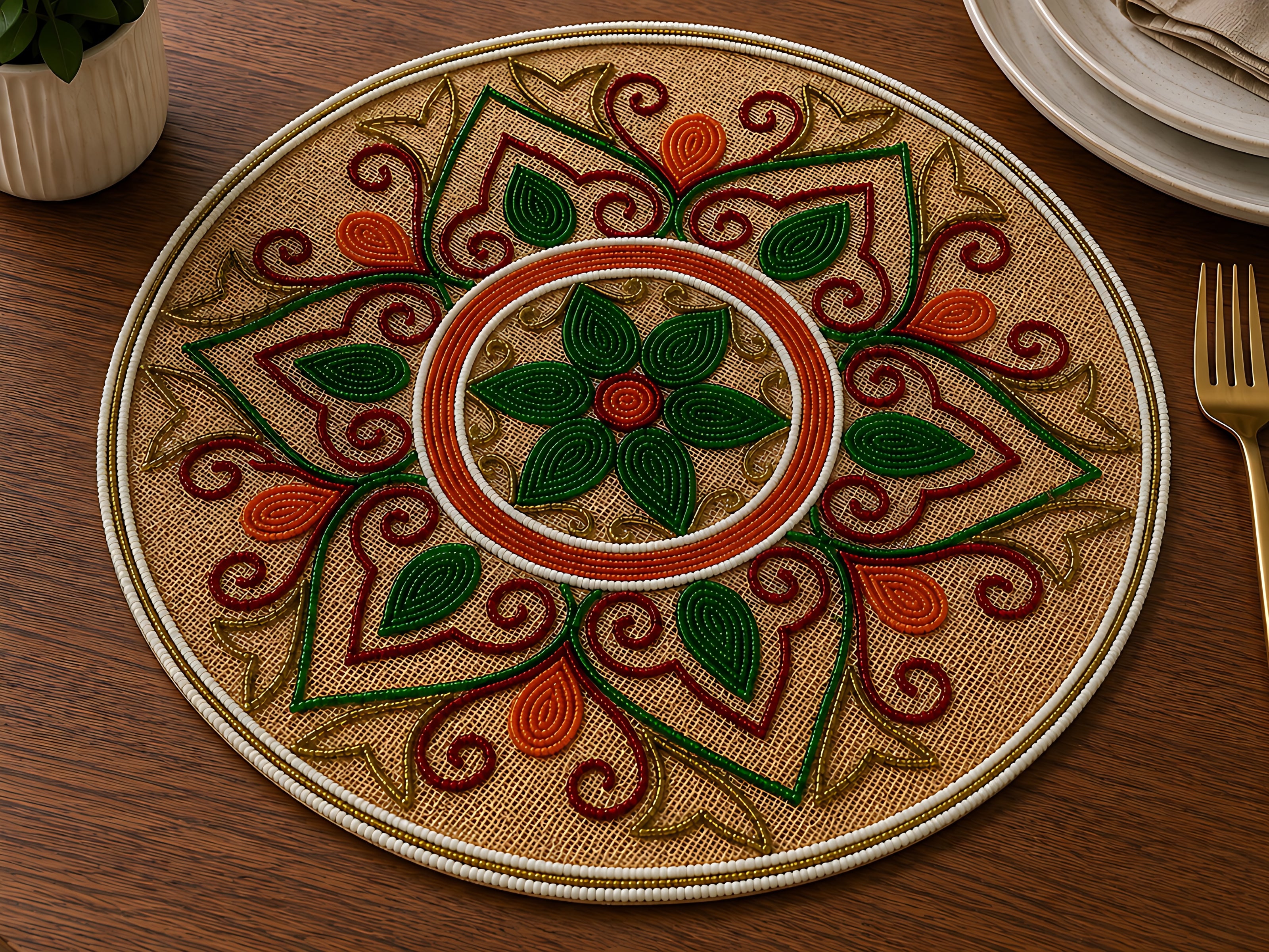 Handcrafted Multicolor Floral Beaded Round Placemat / Ruchi