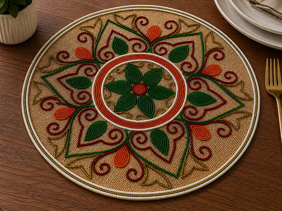 Handcrafted Multicolor Floral Beaded Round Placemat / Ruchi