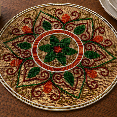 Handcrafted Multicolor Floral Beaded Round Placemat / Ruchi