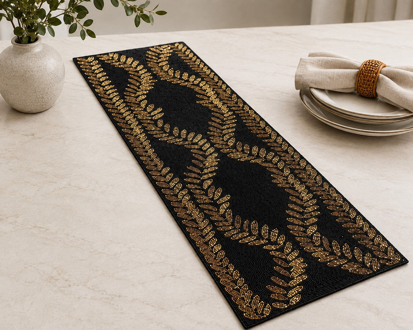 Handcrafted Black & Gold Beaded Table Runner / Ruchi