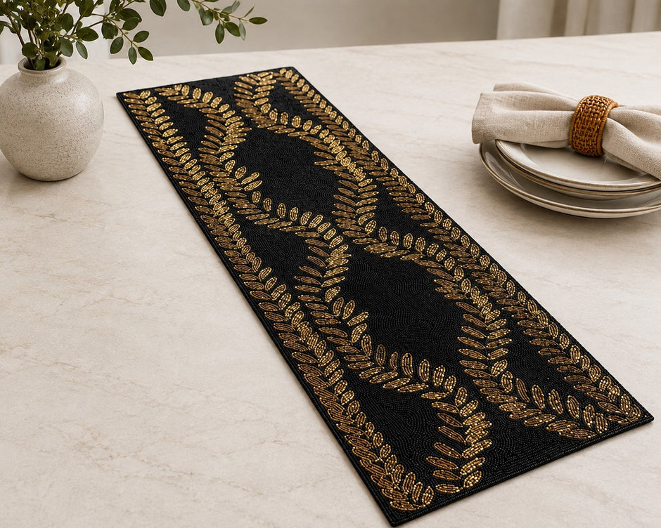 Handcrafted Black & Gold Beaded Table Runner / Ruchi
