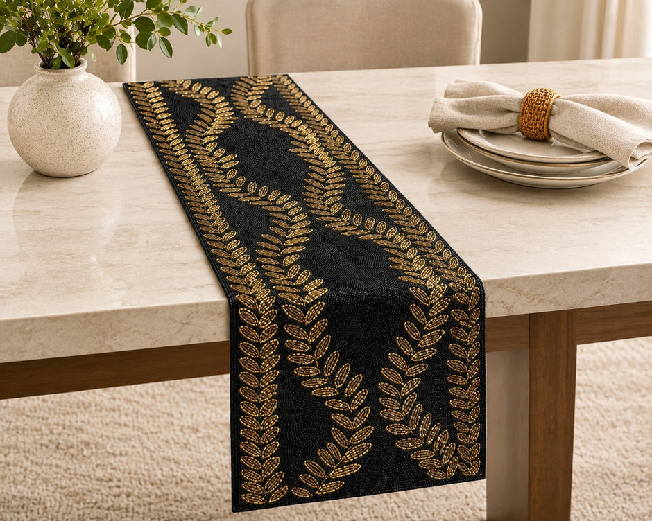 Handcrafted Black & Gold Beaded Table Runner / Ruchi